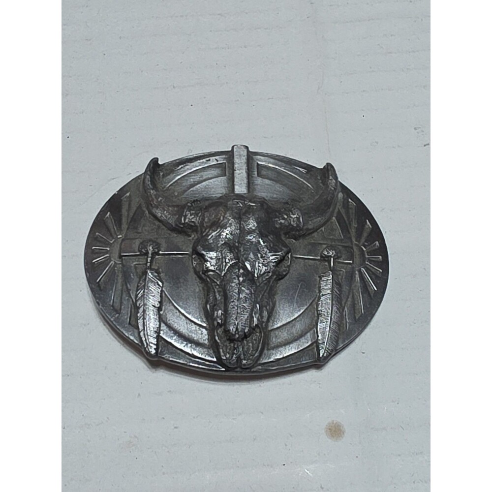Vtg 1986 Siskiyou Southwestern 3-D Buffalo Skull W/ Feathers Belt Buckle Pewter